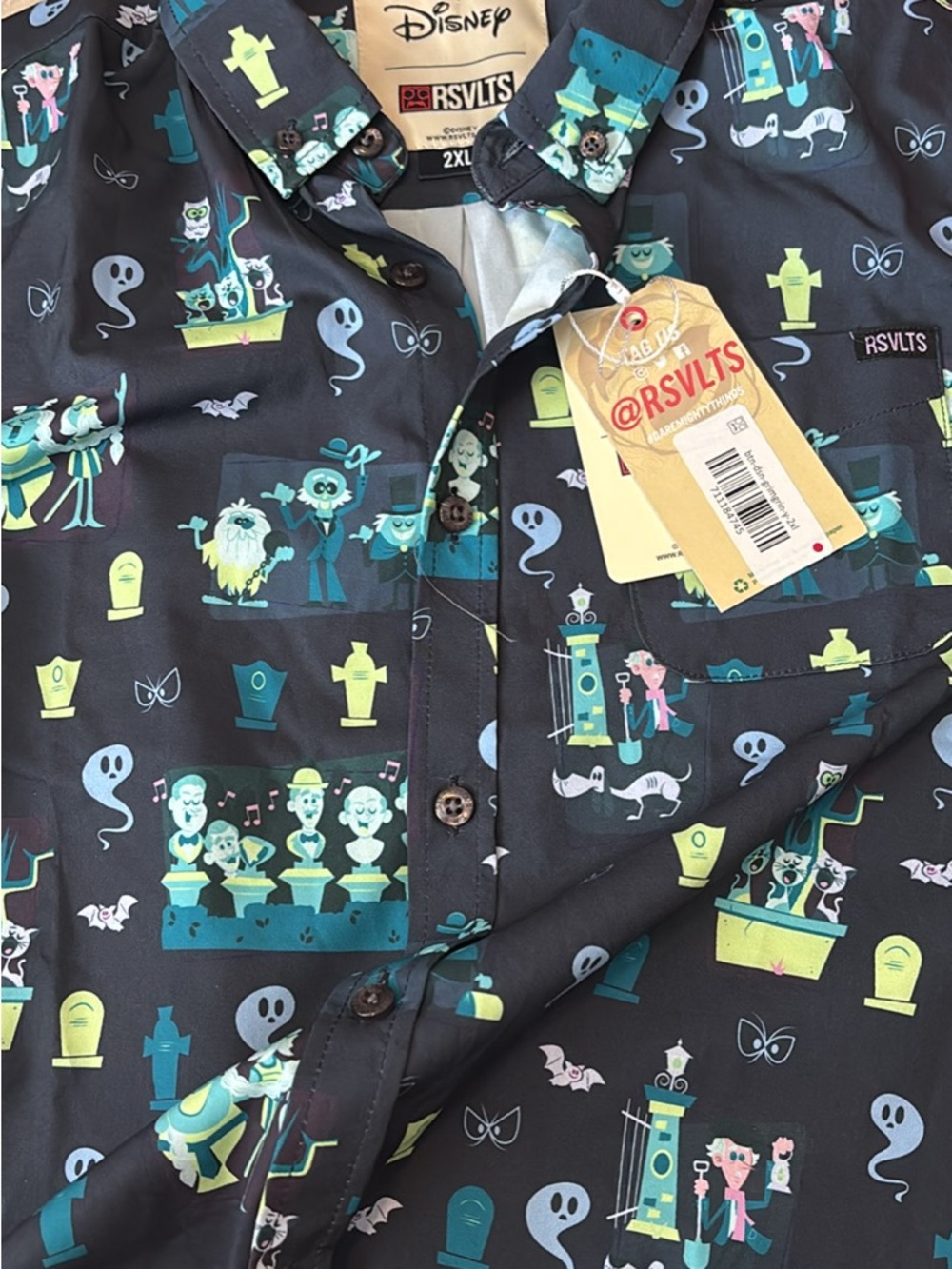 RSVLTS Black Button-Up Shirt with Neon Green & Teal Ghost Print